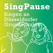Weiße Linienzeichnung zweier singender Kinder vor grünem Farbverlauf; Text: SingPause – Singen an Düsseldorfer Grundschulen